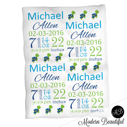 Sea turtle baby boy stats blanket, green and blue, turtle boy blanket, personalized sea turtle baby blanket, baby stats blanket, boy or girl stats swaddle blanket, baby shower gift, choose colors