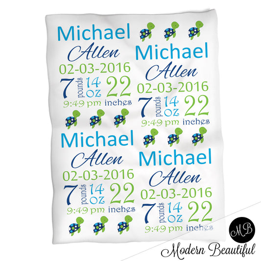 Sea turtle baby boy stats blanket, green and blue, turtle boy blanket, personalized sea turtle baby blanket, baby stats blanket, boy or girl stats swaddle blanket, baby shower gift, choose colors