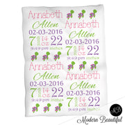 Sea turtle baby girl stats blanket, pink and purple, turtle girl blanket, personalized sea turtle baby blanket, baby stats blanket, boy or girl stats swaddle blanket, baby shower gift, choose colors