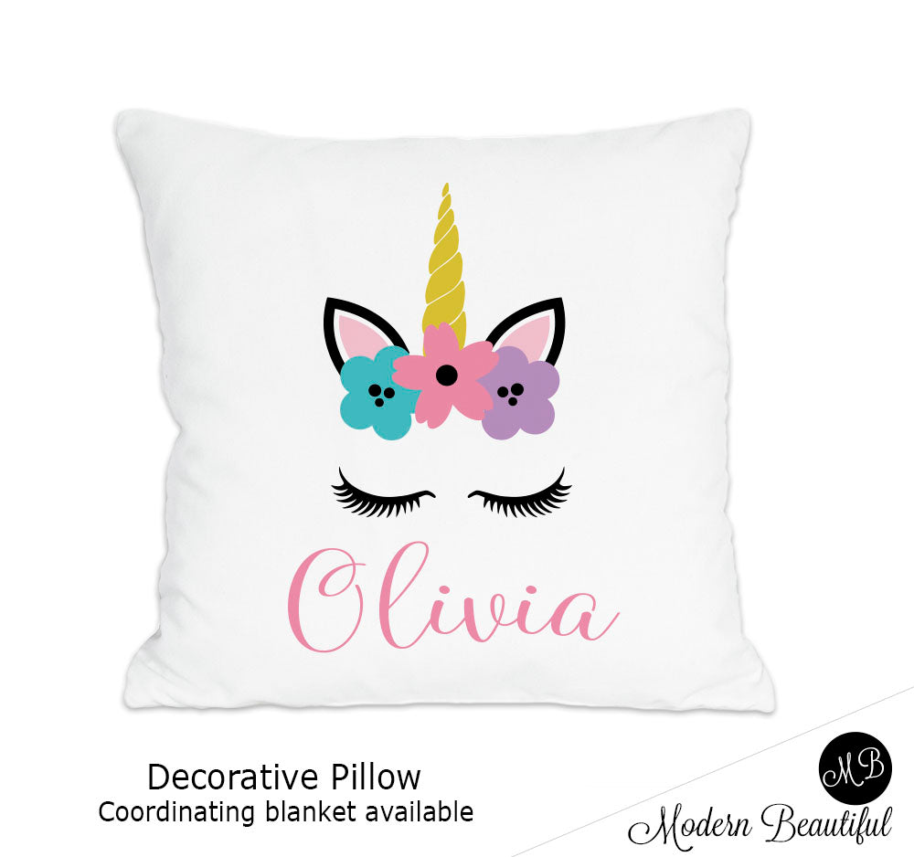 Unicorn theme throw pillow cover in pink, purple and blue unicorn nursery decor, unicorn lashes, unicorn face (Choose Colors)