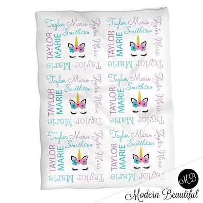 Personalized Unicorn Baby Name Blanket Aqua Pink