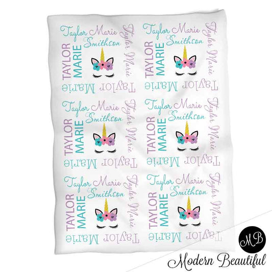 Baby girl unicorn name blanket in aqua and purple, unicorn swaddling blanket, baby girl unicorn lashes blanket, unicorn face blanket, unicorn baby shower gift, (CHOOSE COLORS)
