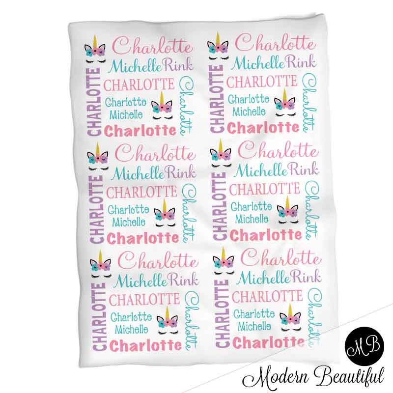 Baby girl unicorn name blanket in pink, aqua and purple, unicorn swaddling blanket, baby girl unicorn lashes blanket, unicorn face blanket, unicorn baby shower gift, (CHOOSE COLORS)