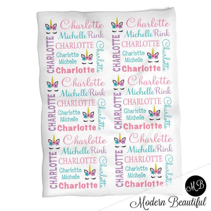Baby girl unicorn name blanket in pink, aqua and purple, unicorn swaddling blanket, baby girl unicorn lashes blanket, unicorn face blanket, unicorn baby shower gift, (CHOOSE COLORS)