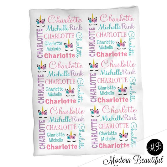 Baby girl unicorn name blanket in pink, aqua and purple, unicorn swaddling blanket, baby girl unicorn lashes blanket, unicorn face blanket, unicorn baby shower gift, (CHOOSE COLORS)