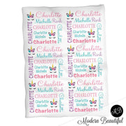 Baby girl unicorn name blanket in pink, aqua and purple, unicorn swaddling blanket, baby girl unicorn lashes blanket, unicorn face blanket, unicorn baby shower gift, (CHOOSE COLORS)