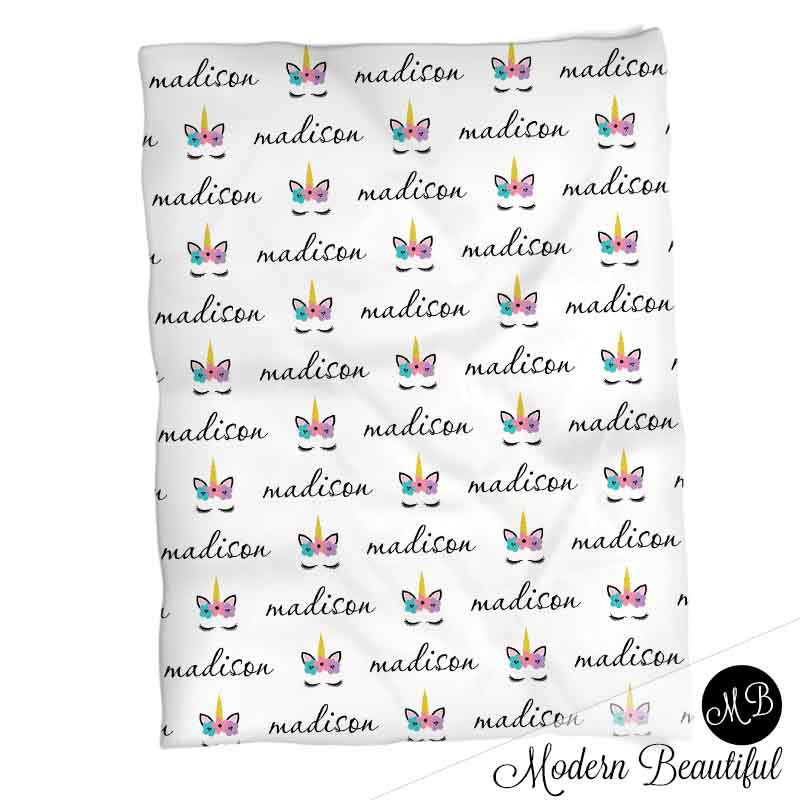 Girl unicorn name blanket, unicorn personalized baby gift, cursive script font, unicorn personalized blanket, choose colors