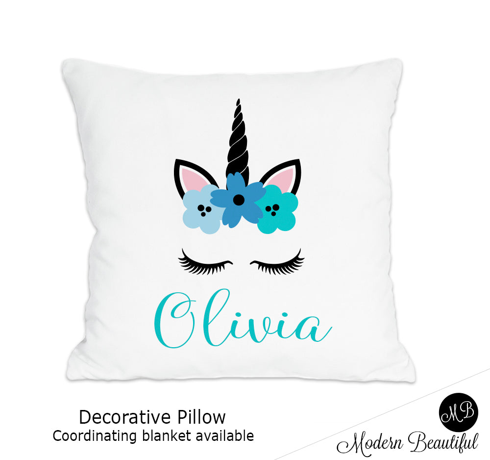 Unicorn theme throw pillow cover in blue, unicorn nursery decor, unicorn lashes, unicorn face (Choose Colors)