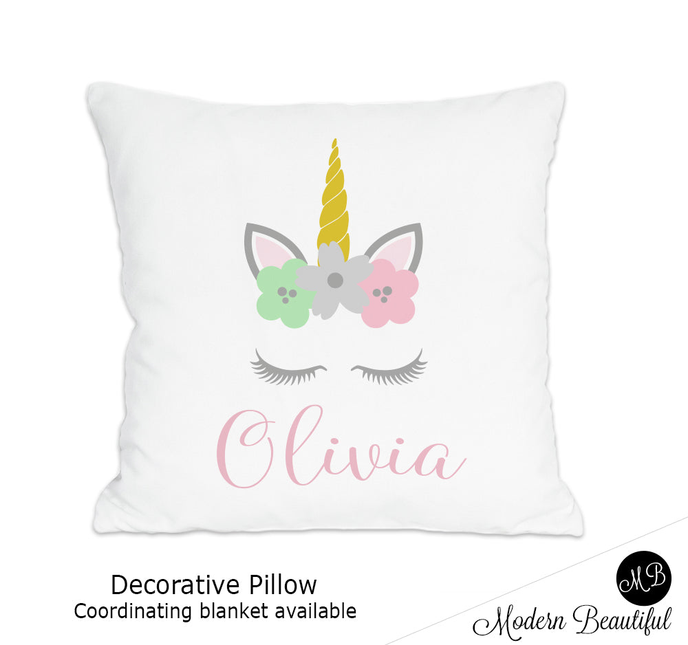 Unicorn theme throw pillow cover in mint, pink, purple and gray, unicorn nursery decor, unicorn lashes, unicorn face (Choose Colors)