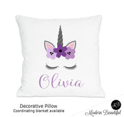 Unicorn theme throw pillow cover in purple and gray, unicorn nursery decor, unicorn lashes, unicorn face (Choose Colors)