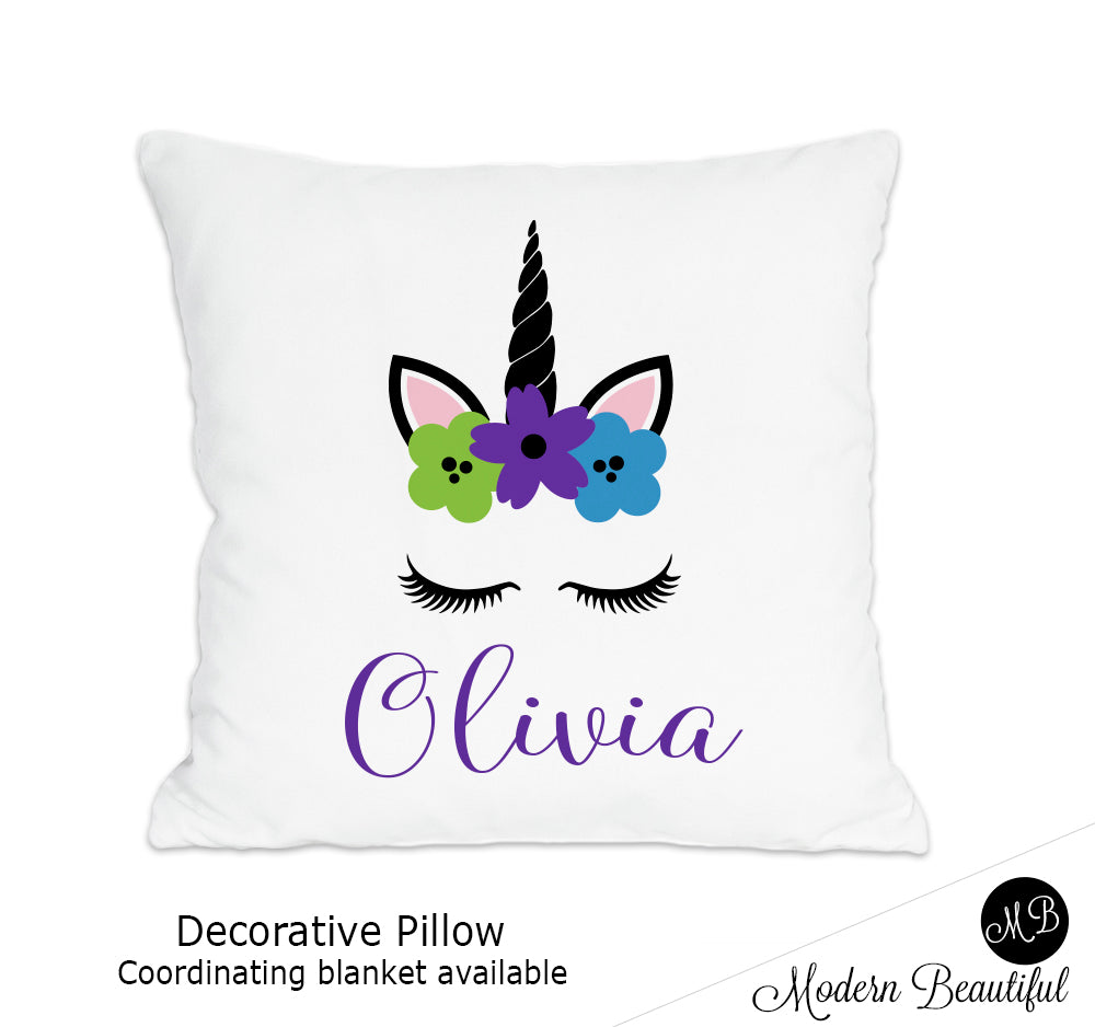 Unicorn theme throw pillow cover in purple, green and blue, unicorn nursery decor, unicorn lashes, unicorn face (Choose Colors)