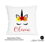 Unicorn theme throw pillow cover in red, orange and yellow, unicorn nursery decor, unicorn lashes, unicorn face (Choose Colors)