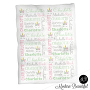 Baby girl unicorn name blanket in mint, pink and gray, unicorn swaddling blanket, baby girl unicorn lashes blanket, unicorn face blanket, unicorn baby shower gift, (CHOOSE COLORS)