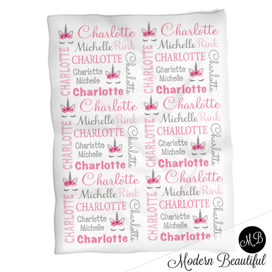 Baby girl unicorn name blanket in pink and gray, unicorn swaddling blanket, baby girl unicorn lashes blanket, unicorn face blanket, unicorn baby shower gift, (CHOOSE COLORS)