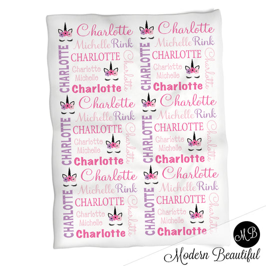 Baby girl unicorn name blanket in purple and pink, unicorn swaddling blanket, baby girl unicorn lashes blanket, unicorn face blanket, unicorn baby shower gift, (CHOOSE COLORS)