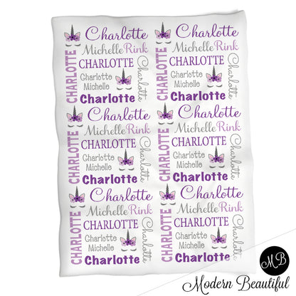 Personalized Unicorn Baby Name Blanket Purple