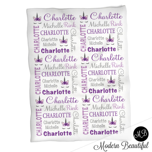 Baby girl unicorn name blanket in purple and gray, unicorn swaddling blanket, baby girl unicorn lashes blanket, unicorn face blanket, unicorn baby shower gift, (CHOOSE COLORS)