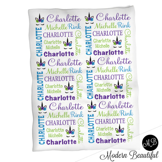 Baby girl unicorn name blanket in purple, blue and pink, unicorn swaddling blanket, baby girl unicorn lashes blanket, unicorn face blanket, unicorn baby shower gift, (CHOOSE COLORS)