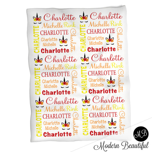 Baby girl unicorn name blanket in red, orange and yellow, unicorn swaddling blanket, baby girl unicorn lashes blanket, unicorn face blanket, unicorn baby shower gift, (CHOOSE COLORS)