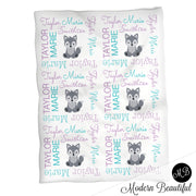 Wolf name blanket in purple and aqua for baby girl, girl wolf swaddling blanket, baby girl wolf blanket, wolf blanket, wolf baby shower gift, (CHOOSE COLORS)
