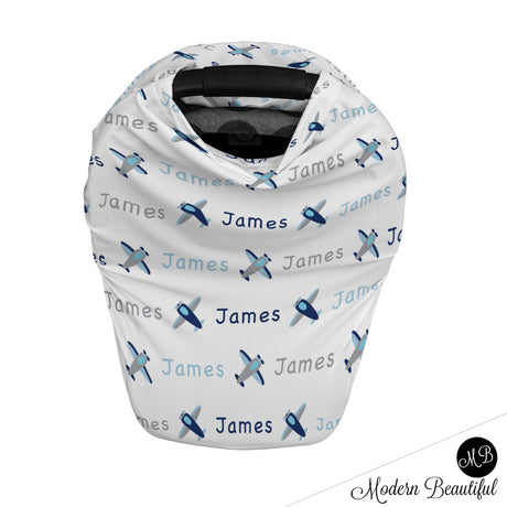 Airplane baby boy or girl car seat canopy cover