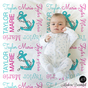 Nautical anchor name blanket in teal and magenta