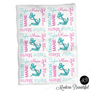 Nautical anchor name blanket in teal and magenta, personalized girl anchor baby blanket, boy or girl name blanket, personalized name blanket, baby shower gift (CHOOSE COLORS)