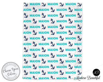 Nautical baby boy blanket, aqua and navy, anchor name blanket, custom nautical personalized baby gift, swaddle baby blanket, personalized blanket, boy or girl blanket, choose colors