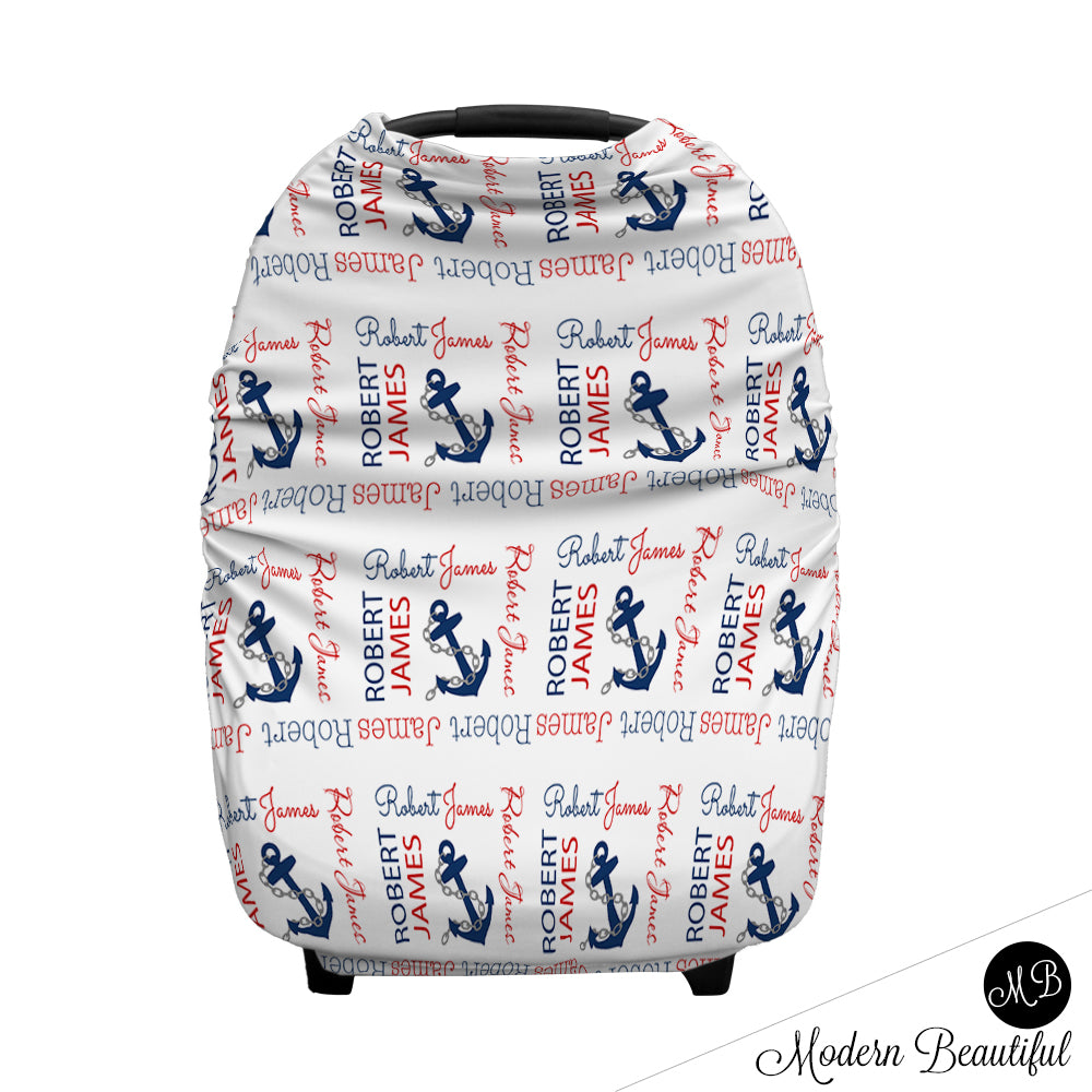 Nautical anchor baby boy or girl car seat canopy cover, nautical anchor baby gift, nautical theme custom infant car seat cover, personalized baby name carseat cover, nursing privacy cover (CHOOSE COLORS)