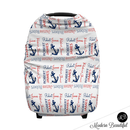 Nautical anchor baby boy or girl car seat canopy cover, nautical anchor baby gift, nautical theme custom infant car seat cover, personalized baby name carseat cover, nursing privacy cover (CHOOSE COLORS)