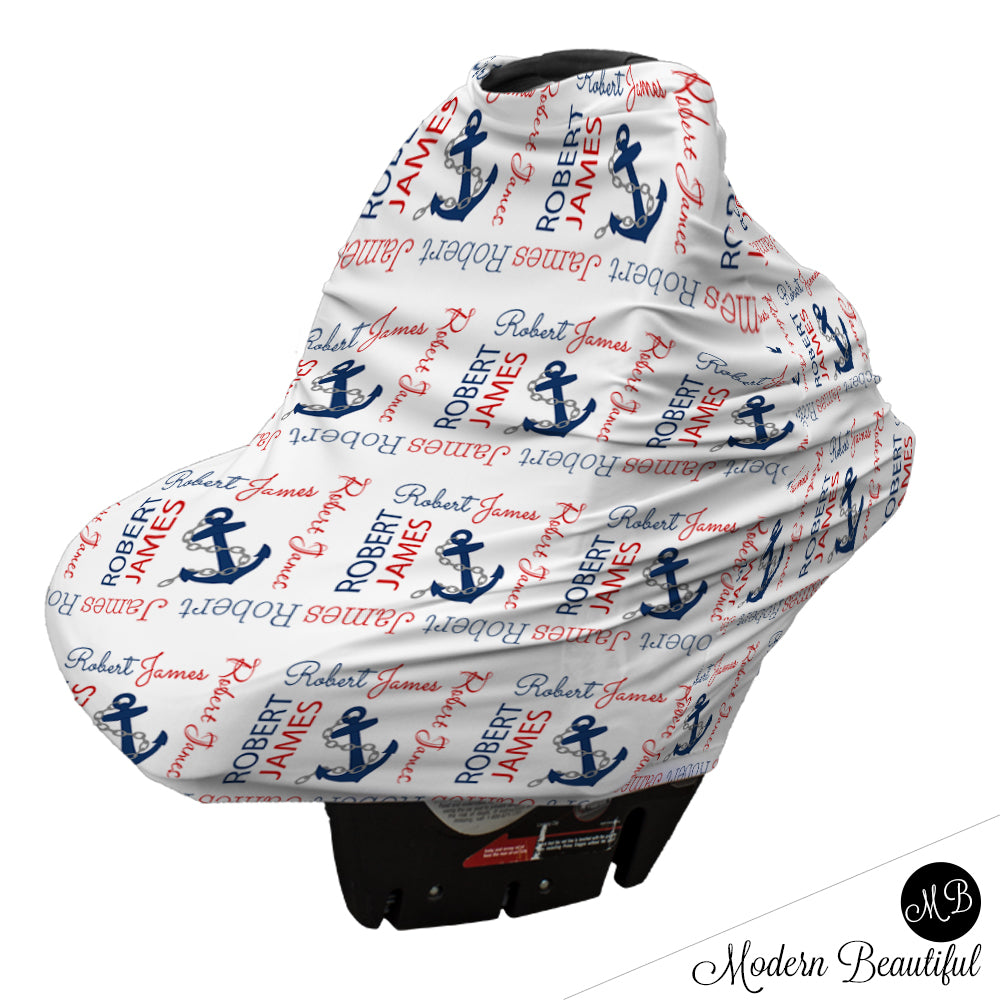 Nautical anchor baby boy or girl car seat canopy cover, nautical anchor baby gift, nautical theme custom infant car seat cover, personalized baby name carseat cover, nursing privacy cover (CHOOSE COLORS)