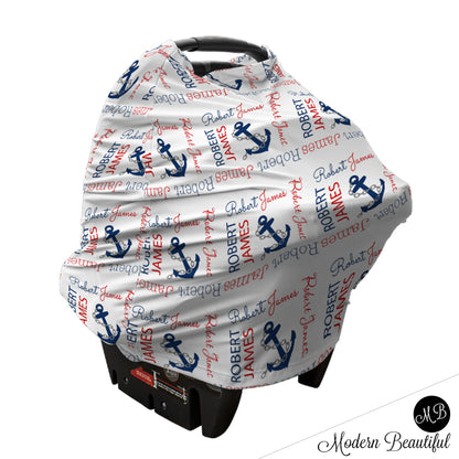 Nautical anchor baby boy or girl car seat canopy cover, nautical anchor baby gift, nautical theme custom infant car seat cover, personalized baby name carseat cover, nursing privacy cover (CHOOSE COLORS)