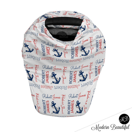 Nautical anchor baby boy or girl car seat canopy cover