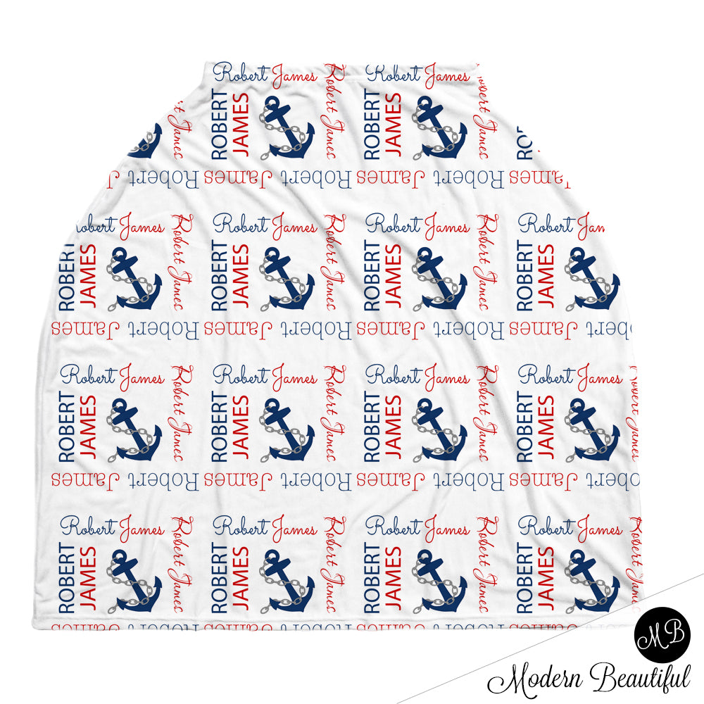 Nautical anchor baby boy or girl car seat canopy cover, nautical anchor baby gift, nautical theme custom infant car seat cover, personalized baby name carseat cover, nursing privacy cover (CHOOSE COLORS)