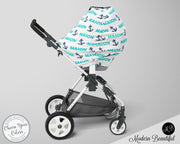 Nautical baby boy or girl car seat canopy cover, anchor baby gift, aqua and navy, custom infant car seat cover, personalized baby name carseat cover, nursing privacy cover, shopping cart cover, high chair cover (CHOOSE COLORS)