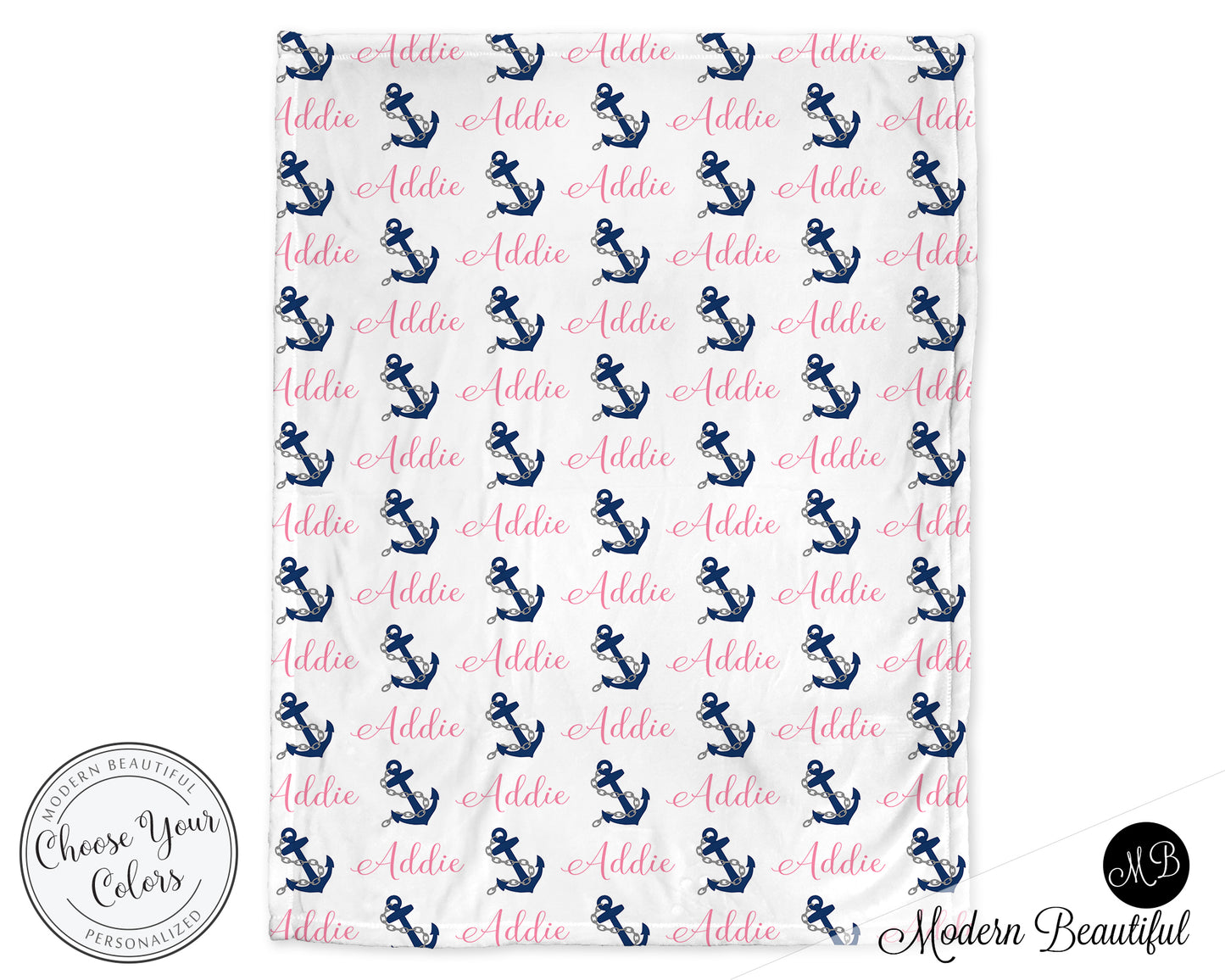 Nautical baby girl blanket, pink and navy, anchor name blanket, custom nautical personalized baby gift, swaddle baby blanket, personalized blanket, boy or girl blanket, choose colors
