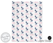 Nautical baby girl blanket, pink and navy, anchor name blanket, custom nautical personalized baby gift, swaddle baby blanket, personalized blanket, boy or girl blanket, choose colors
