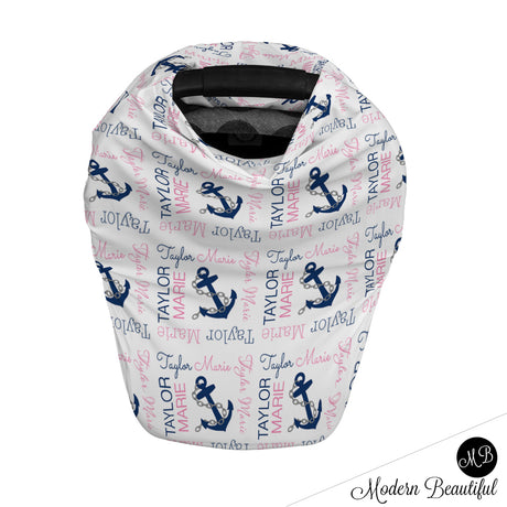 Nautical anchor baby boy or girl car seat canopy cover