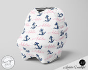 Nautical baby boy or girl car seat canopy cover, anchor baby gift, pink and navy, custom infant car seat cover, personalized baby name carseat cover, nursing privacy cover, shopping cart cover, high chair cover (CHOOSE COLORS)