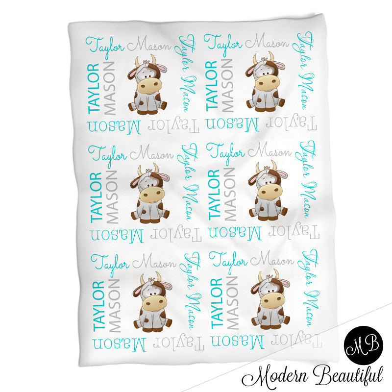 Farm cow baby name blanket, aqua and gray, cow baby blanket baby swaddling blankets, baby girl or boy, baby name blanket, baby shower gift, (CHOOSE COLORS)