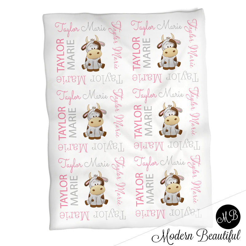 Baby girl farm cow name blanket in gray and pink, cow swaddling blanket, baby girl cow blanket, cute cow blanket, farm cow baby shower gift, (CHOOSE COLORS)