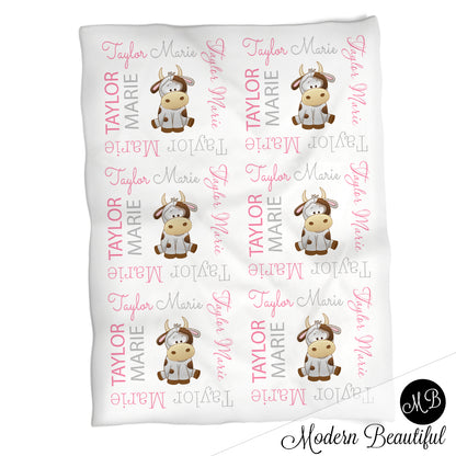 Baby girl farm cow name blanket in gray and pink, cow swaddling blanket, baby girl cow blanket, cute cow blanket, farm cow baby shower gift, (CHOOSE COLORS)
