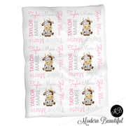 Baby girl farm cow name blanket in gray and pink, cow swaddling blanket, baby girl cow blanket, cute cow blanket, farm cow baby shower gift, (CHOOSE COLORS)