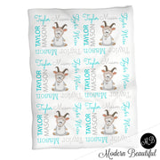 Farm goat baby name blanket, aqua and gray, goat baby blanket baby swaddling blankets, baby girl or boy, baby name blanket, baby shower gift, (CHOOSE COLORS)