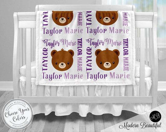 Bear baby name blanket, girl bear blanket, forest bear baby gift blanket, baby swaddling blankets, baby girl or boy, baby name blanket, baby shower gift, personalized baby name blanket(CHOOSE COLORS)