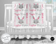 Bunny baby name blanket, girl bunny blanket, forest bunny baby gift blanket, baby swaddling blankets, baby girl or boy, baby name blanket, baby shower gift, personalized baby name blanket(CHOOSE COLORS)