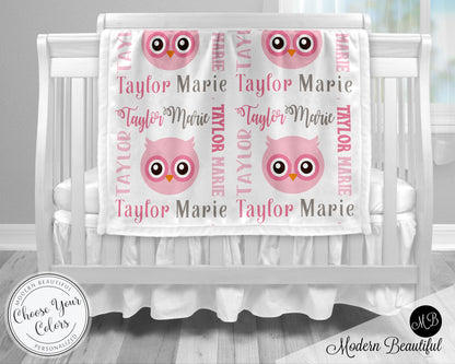 Owl baby name blanket, girl owl blanket, owl baby gift blanket, baby swaddling blankets, baby girl or boy, baby name blanket, baby shower gift, personalized baby name blanket (CHOOSE COLORS)