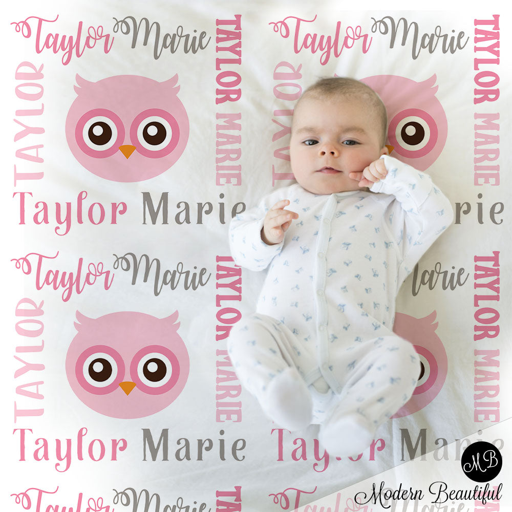 Owl baby name blanket, girl owl blanket, owl baby gift blanket, baby swaddling blankets, baby girl or boy, baby name blanket, baby shower gift, personalized baby name blanket (CHOOSE COLORS)