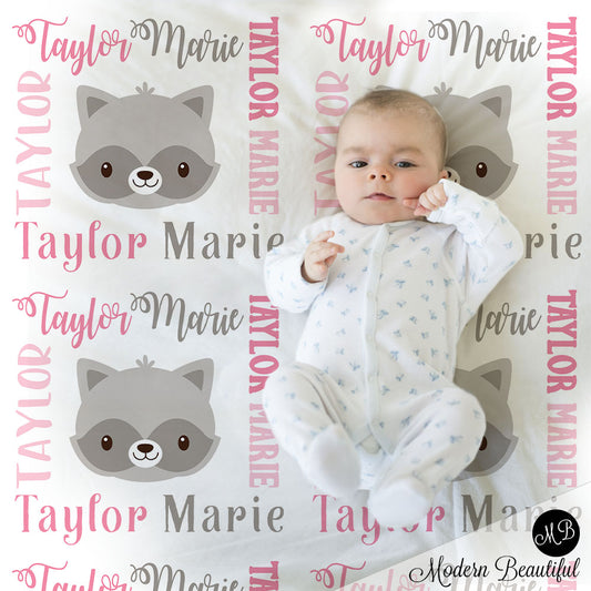 Raccoon baby name blanket, girl raccoon blanket, raccoon baby gift blanket, baby swaddling blankets, baby girl or boy, baby name blanket, baby shower gift, personalized baby name blanket (CHOOSE COLORS)