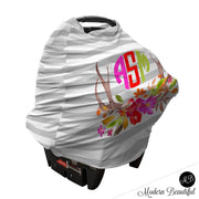 Gray and white stripe monogram baby girl or boy car seat canopy cover, floral deer antler car seat cover, custom monogram infant car seat cover, personalized baby name carseat cover, nursing privacy cover (CHOOSE COLORS)